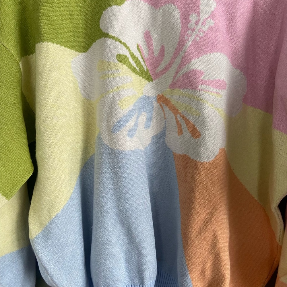 Soft bright sweater. Fits great. Small smudge could be easily cleaned.
